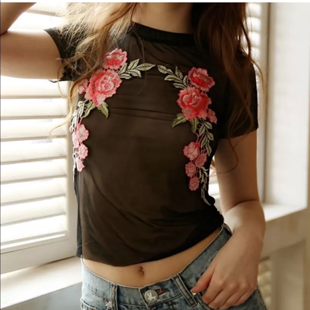 Women sheer blouse floral short sleeves crop top
